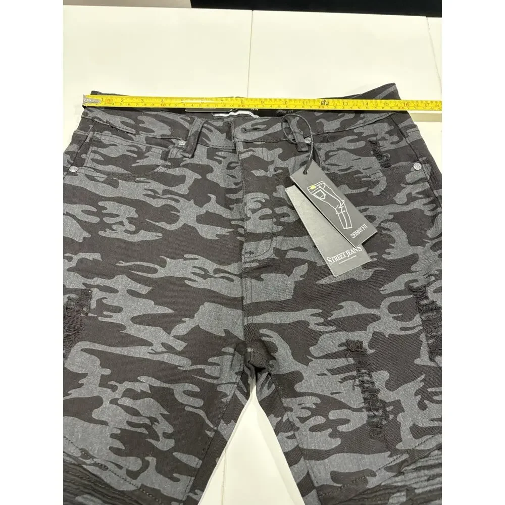Street Jeans Men's Skinny Fit Camo Distressed Jeans Balck/Gray